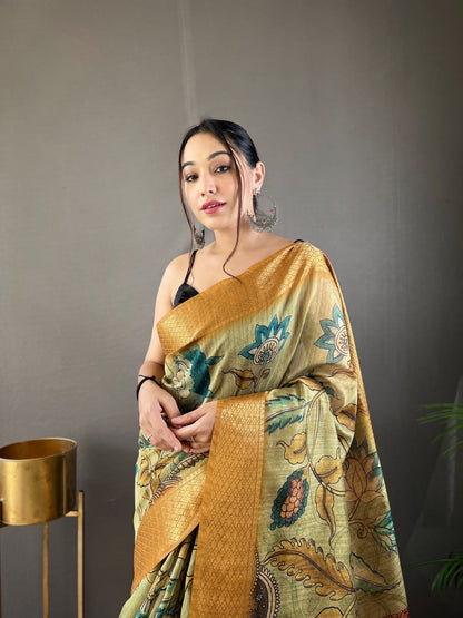 Tussar Silk Saree with Hand-Painted Style Kalamkari Print, Zari Border, and Contrast Blouse