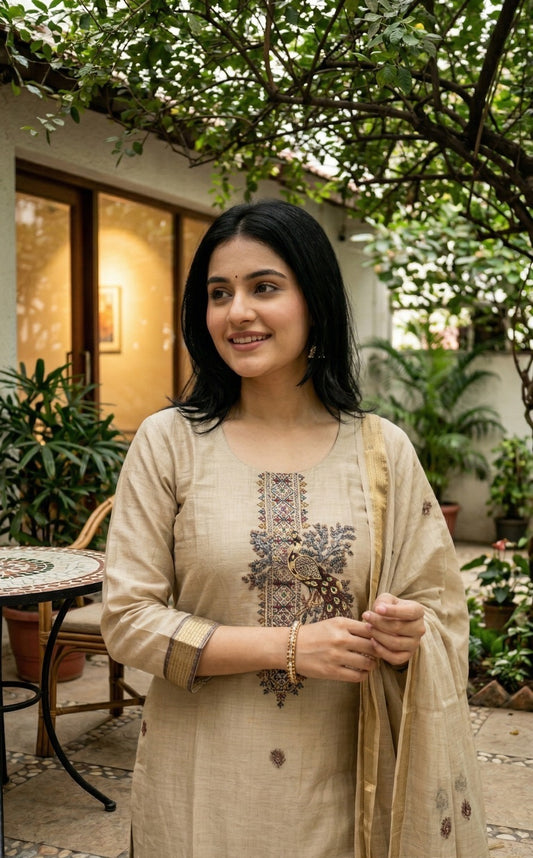 Jamdani Cotton Kurta Pant Dupatta Set for Women with Lining, Beige Ethnic 3 Piece Set