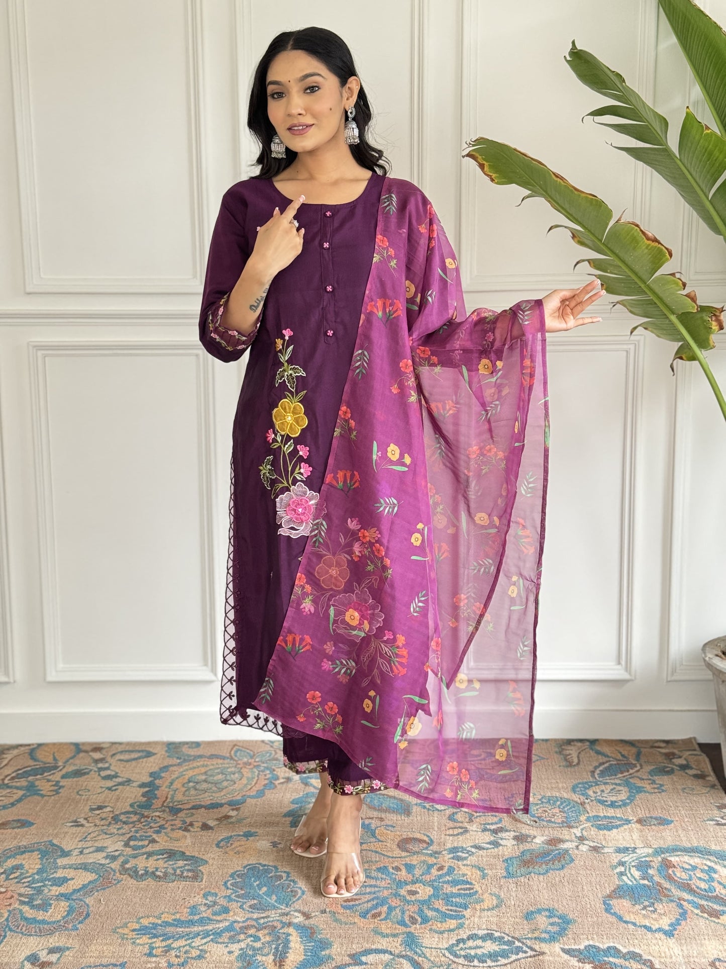 Chanderi Silk Embroidered Kurti Pant Set with Organza Printed Dupatta for Women