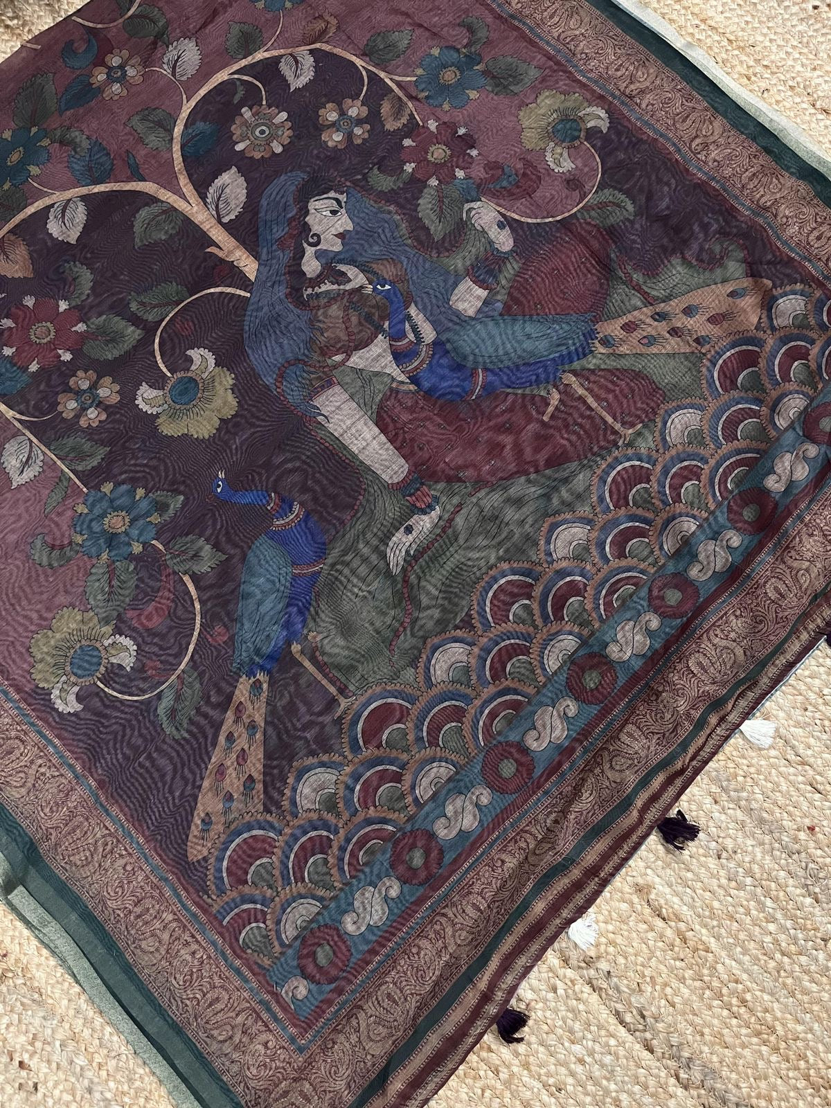 Mul Chanderi Cotton Saree with Kalamkari Print, Golden Zari Piping, and Batik Blouse – Ethnic Wear for Women