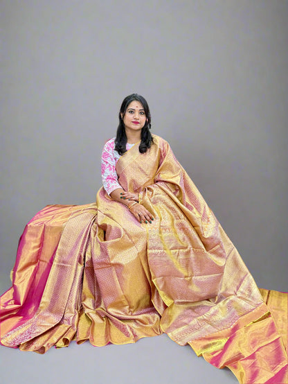 Borderless Pure Silk Handloom Saree in Ivory Gold with Zari Weaving – Festive Collection