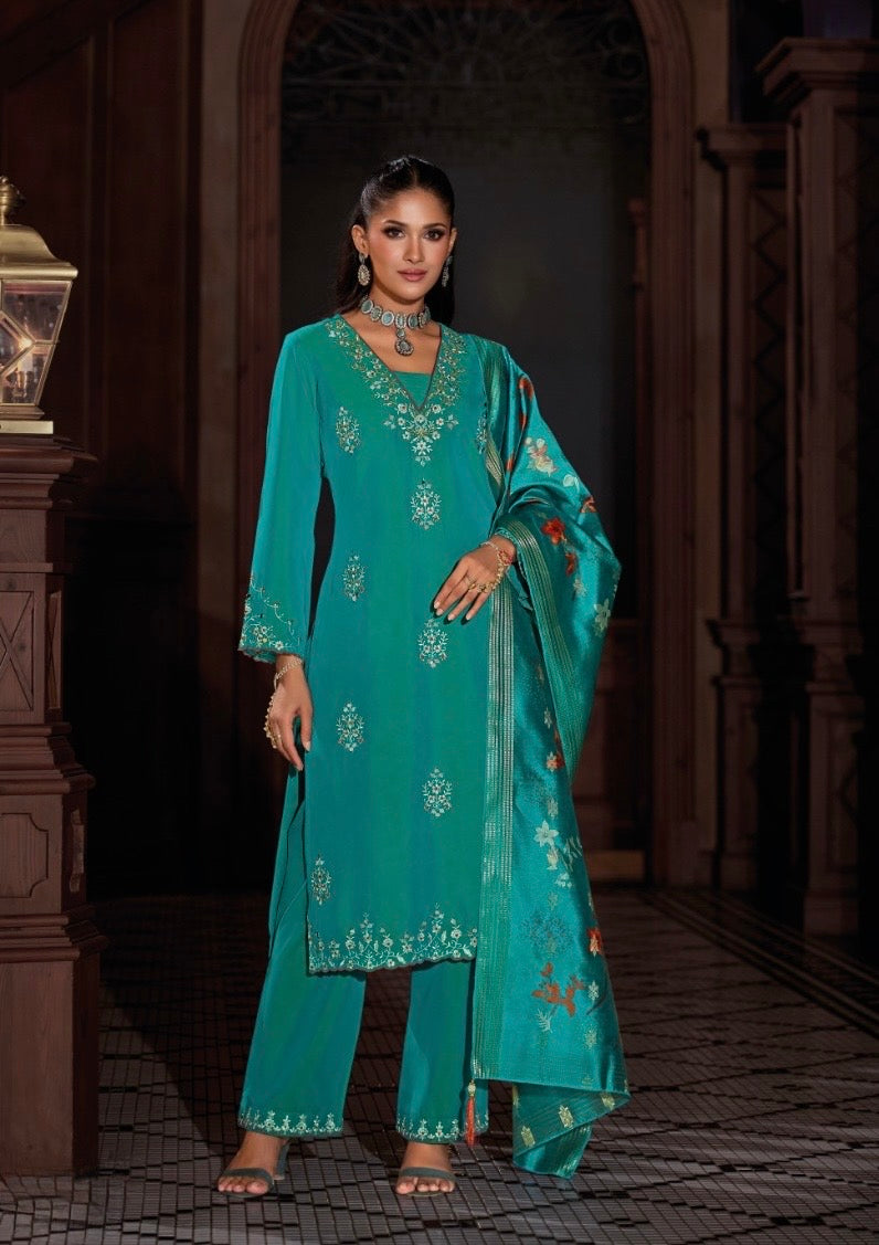 Viscose Silk Embroidered Kurta Plazzo Dupatta Set with Mirror Work and Printed Dupatta – XL & XXL