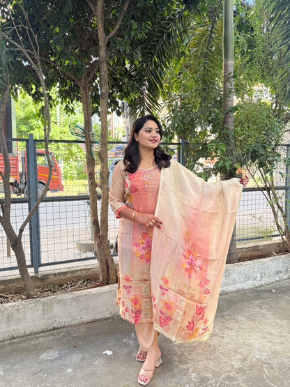 Pure Tissue Shimmer Kurta Set with Digital Print and Handwork – Kurti Pant Dupatta Set for Women