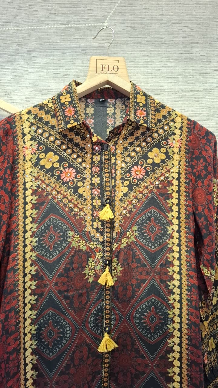 Premium Crepe Ajrakh Print Style Cord Set with Tassel Detailing for Women – Sizes 38 to 44