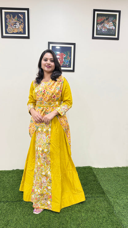 Real Chinon Silk Embroidered Ethnic Gown with Cancan and Tassel Detailing – Free Size Stitched