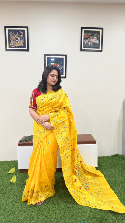 Assam Silk Saree with Kantha Stitch Hand Embroidery and Matching Blouse – Women’s Ethnic Wear