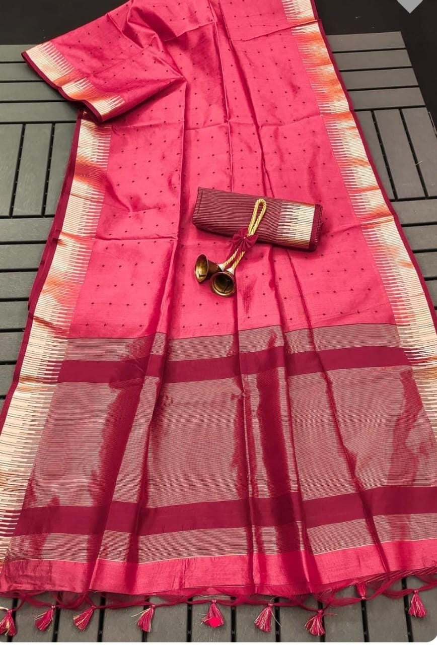 Semi Raw Silk Saree with Body Buti Design, Rich Woven Border and Contrast Blouse for Women