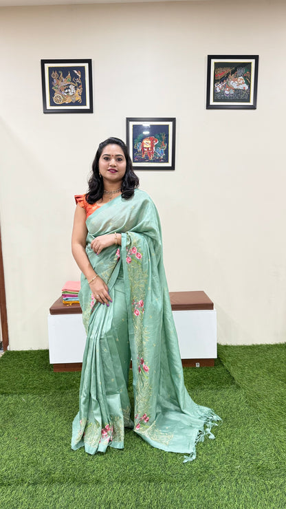 Plain Mangalgiri Pure Pattu Handloom Silk Saree with Embroidery Border