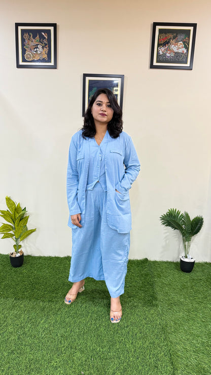 Pure Cotton Slub Bell-Bottom Pants with Halter Neck Waistcoat and Long Blazer – Women’s Three-Piece Set (Sizes 40 to 44)