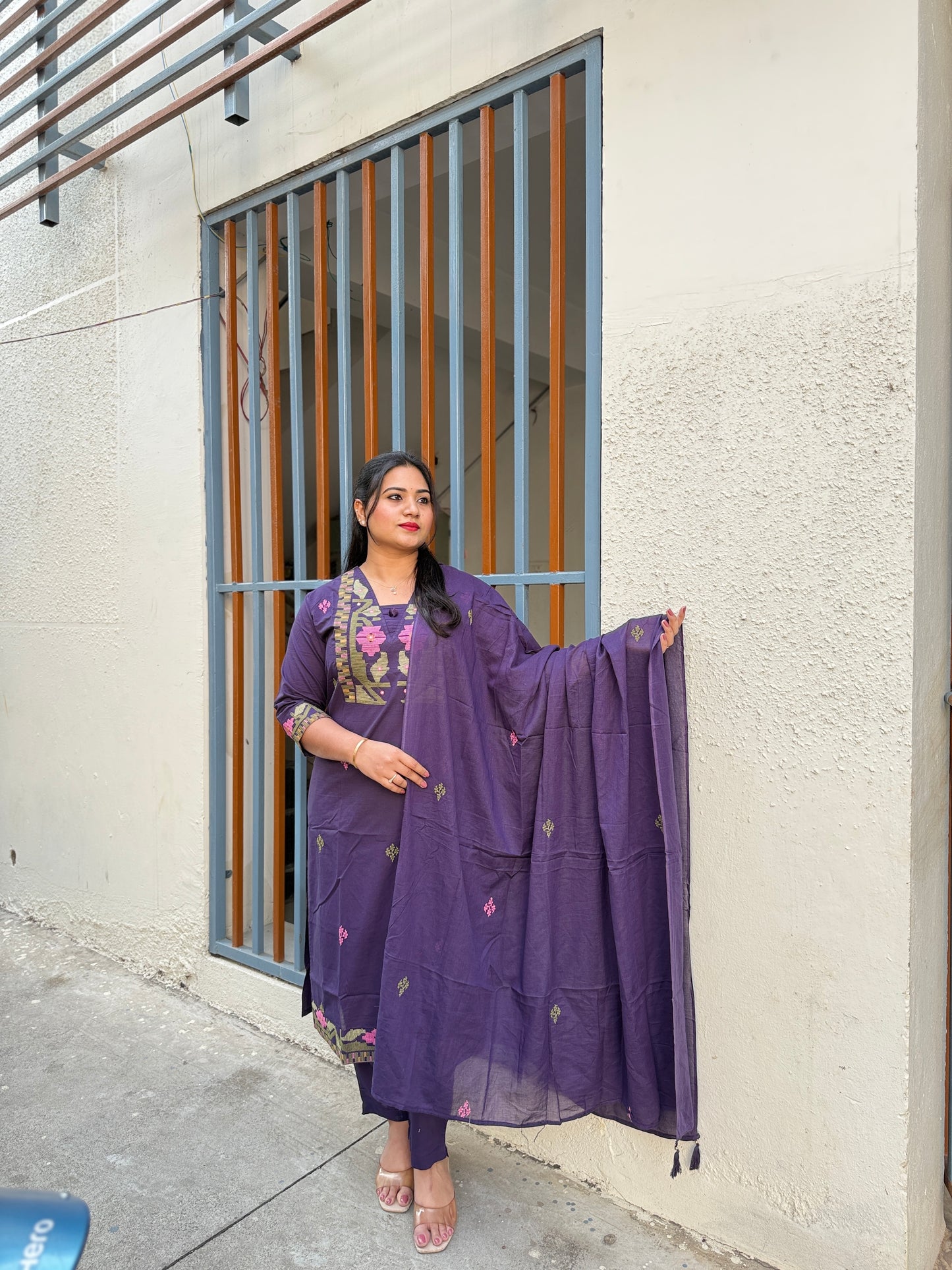 Women's cotton 60x60 straight kurta pant set with dupatta, purple embroidered-look yoke, M–3XL