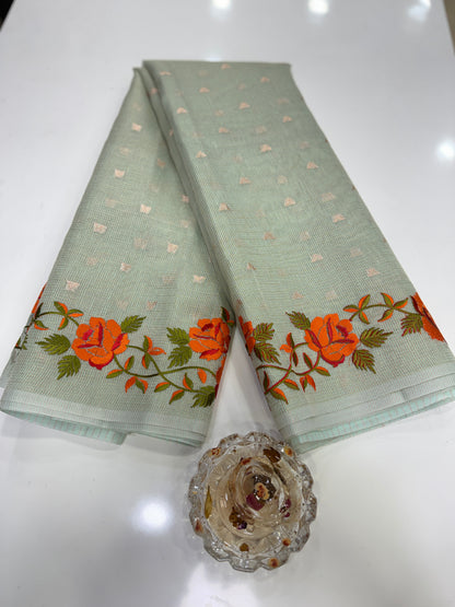 Banarasi Cotton Tissue Saree for Women with Meenakari Embroidery Border, Zari Booti Weaving and Tassel Pallu