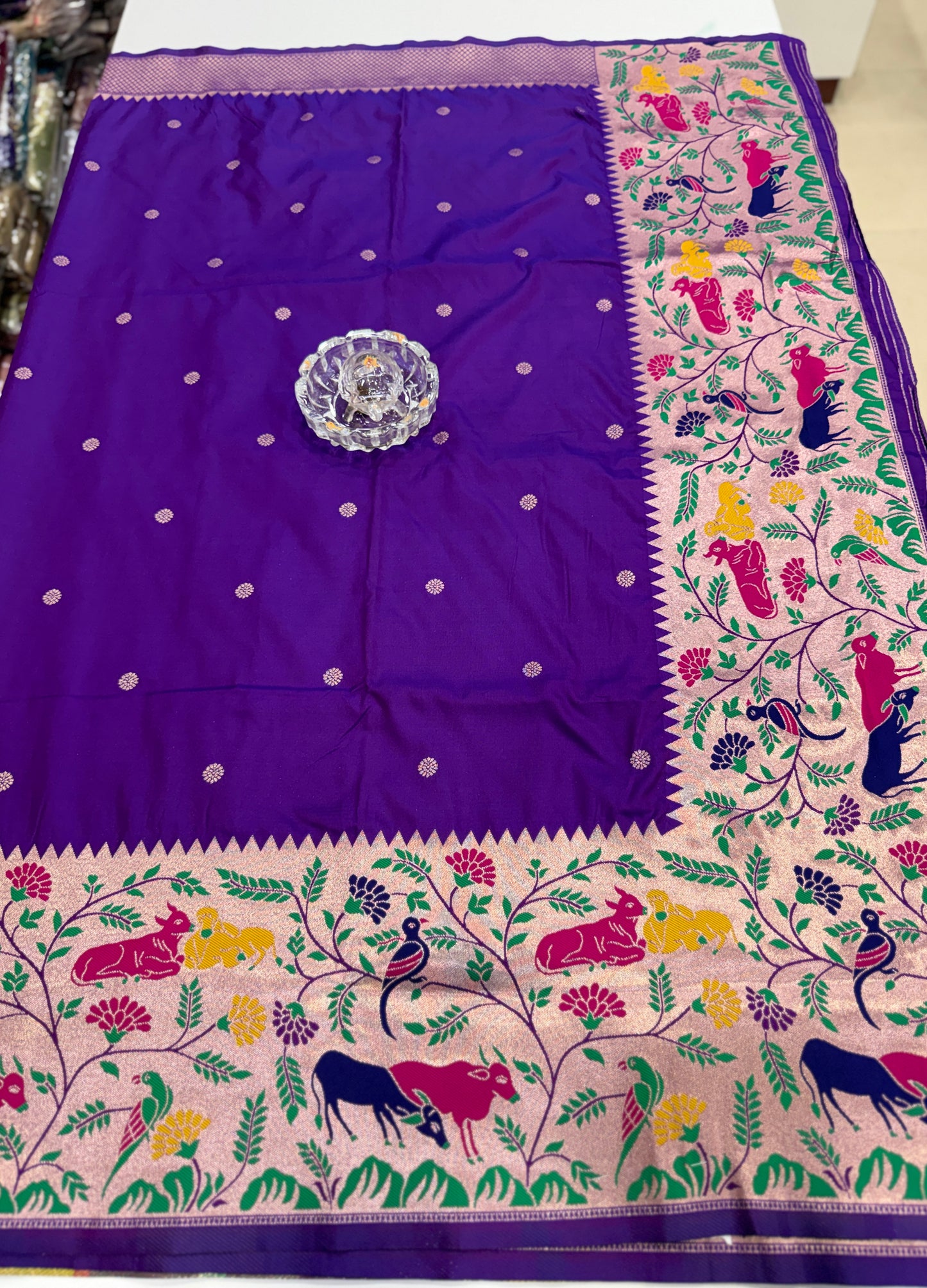 Paithani printed soft silk saree with zari-style border and contrast blouse for women