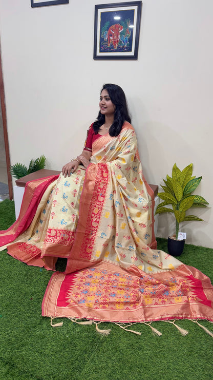 Banarasi Linen Cotton Saree with Woven Motifs and Contrast Zari Border – Festive Wear for Women