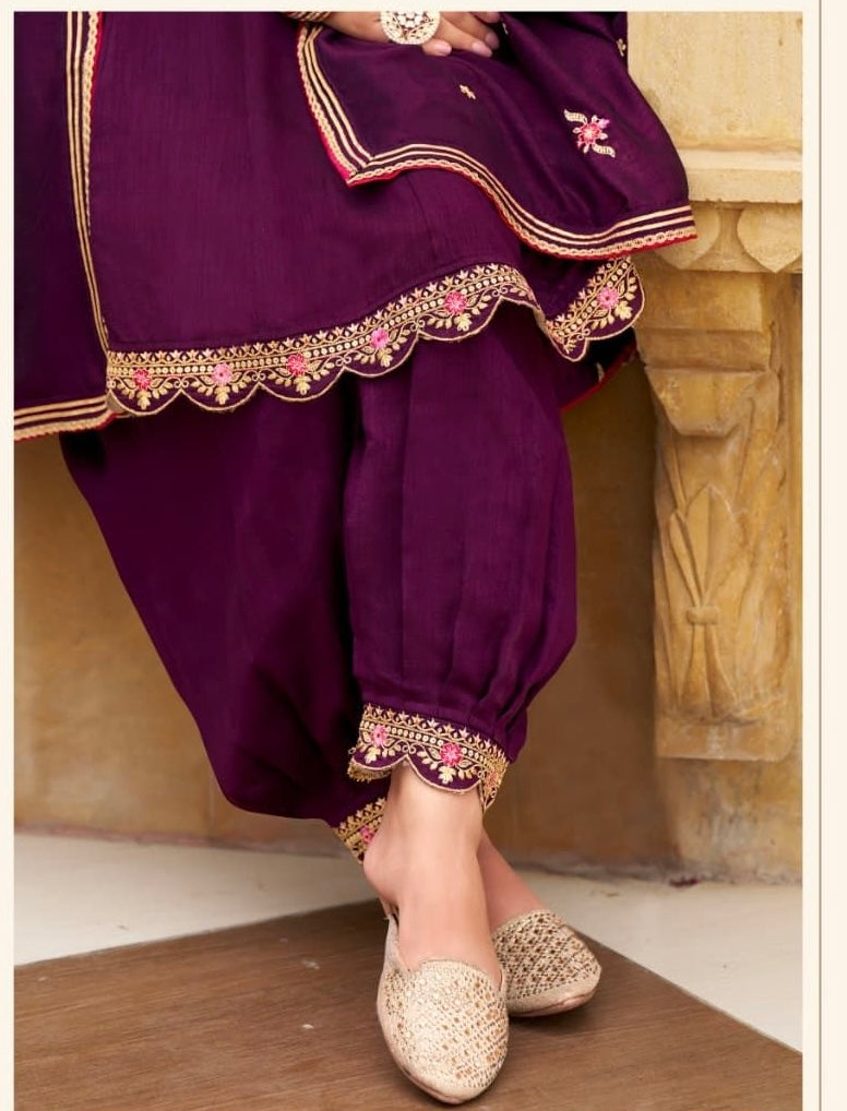 Silk Kurta Afghani Pant Dupatta Set with Fancy Work and Heavy Border Dupatta – XL & XXL