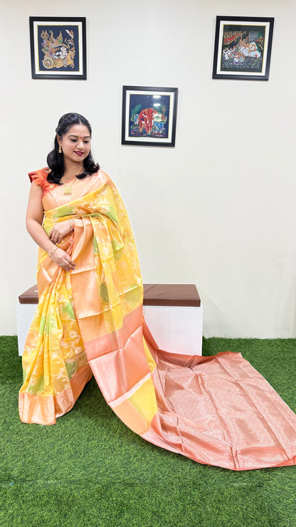 Banarasi Alfi Rangkat Silk Saree with Multicolor Gradient and Intricate Zari Weaving – Wedding Wear