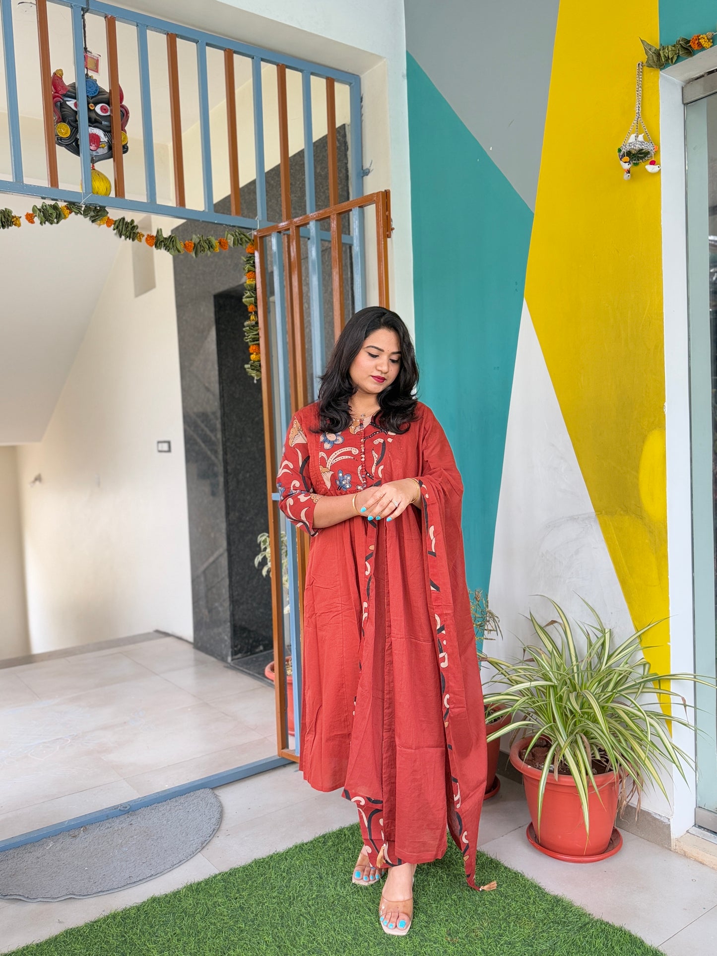 Women’s Kalamkari Cotton Kaftan Set with Embroidery and Mirror Work – Sizes 38 to 44