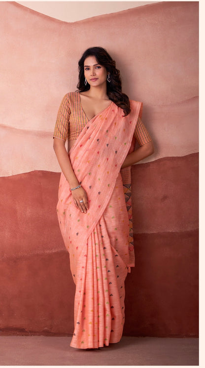 linen silk printed saree with geometric pallu and multicolor motifs – ethnic wear for women