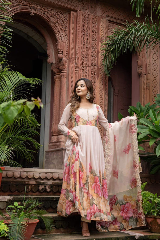 Chiffon Anarkali Kurta Pant Dupatta Set with Embroidery – Women’s Festive Ethnic Wear (Sizes M–XXL)