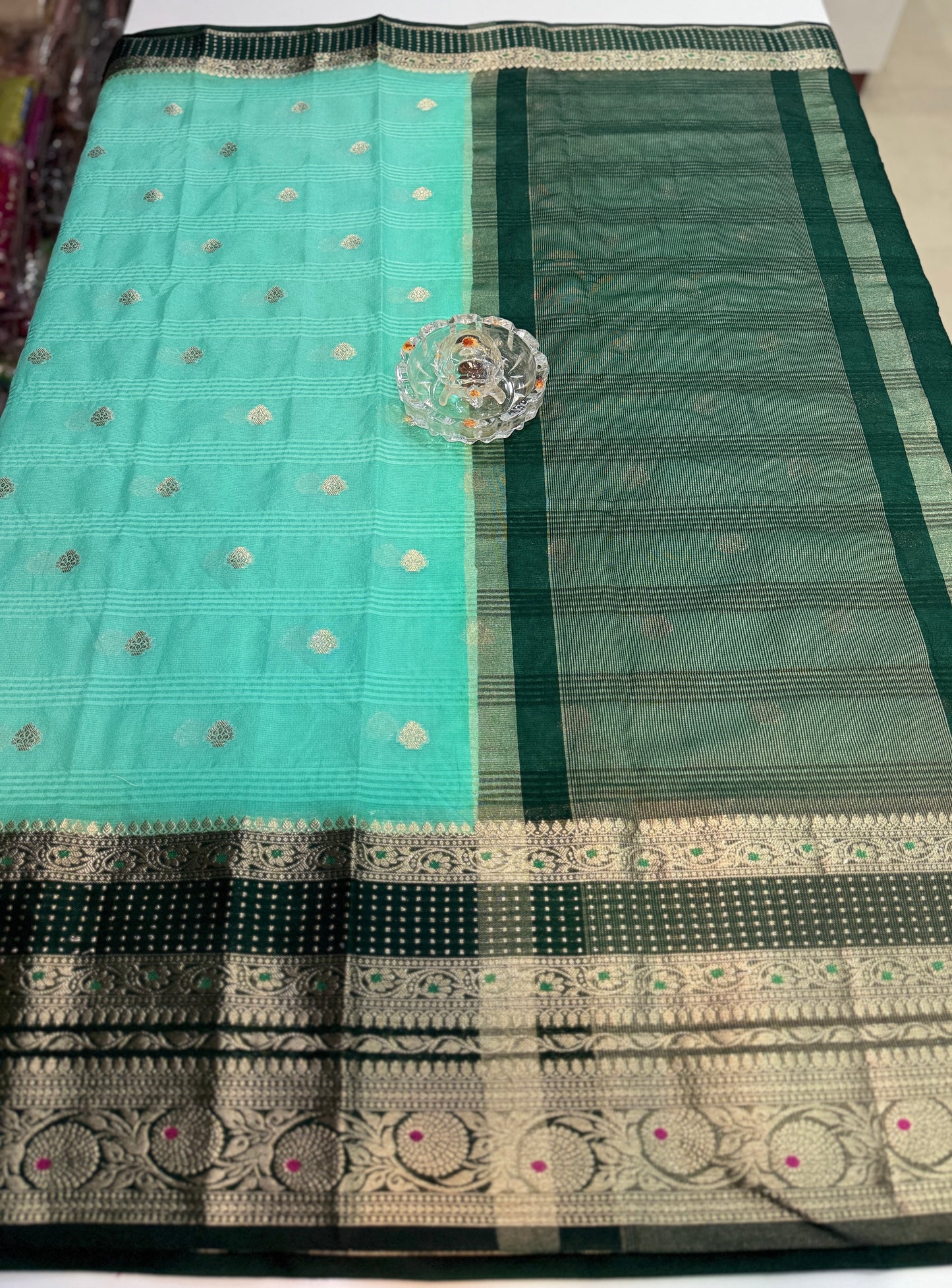 Banarasi semi georgette silk saree with gold zari weaving, meenakari big border and buti design for women