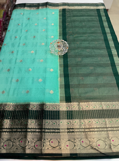 Banarasi semi georgette silk saree with gold zari weaving, meenakari big border and buti design for women