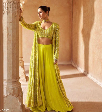 Real Georgette 3-Piece Embroidered Ethnic Set with Front and Back Detailing – Free Size Stitched for Women