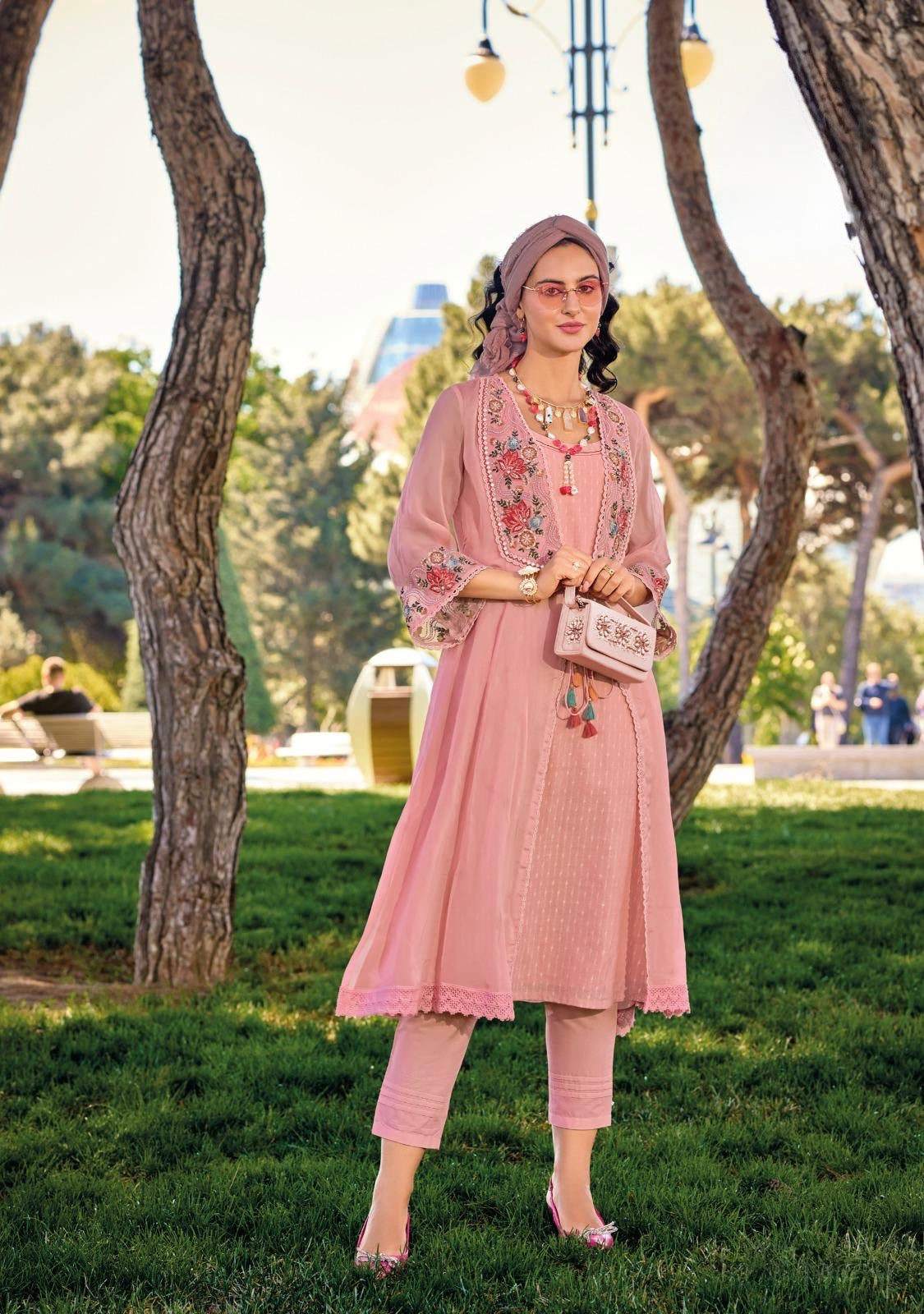 Pure Viscose Organza Silk Kurti Pant Set with Embroidered Organza Koti – Women’s Festive Ethnic Wear