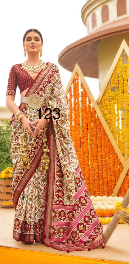 Patola Sigma Silk Saree with Aqwa Finish and Gold Print Waist Belt for Women