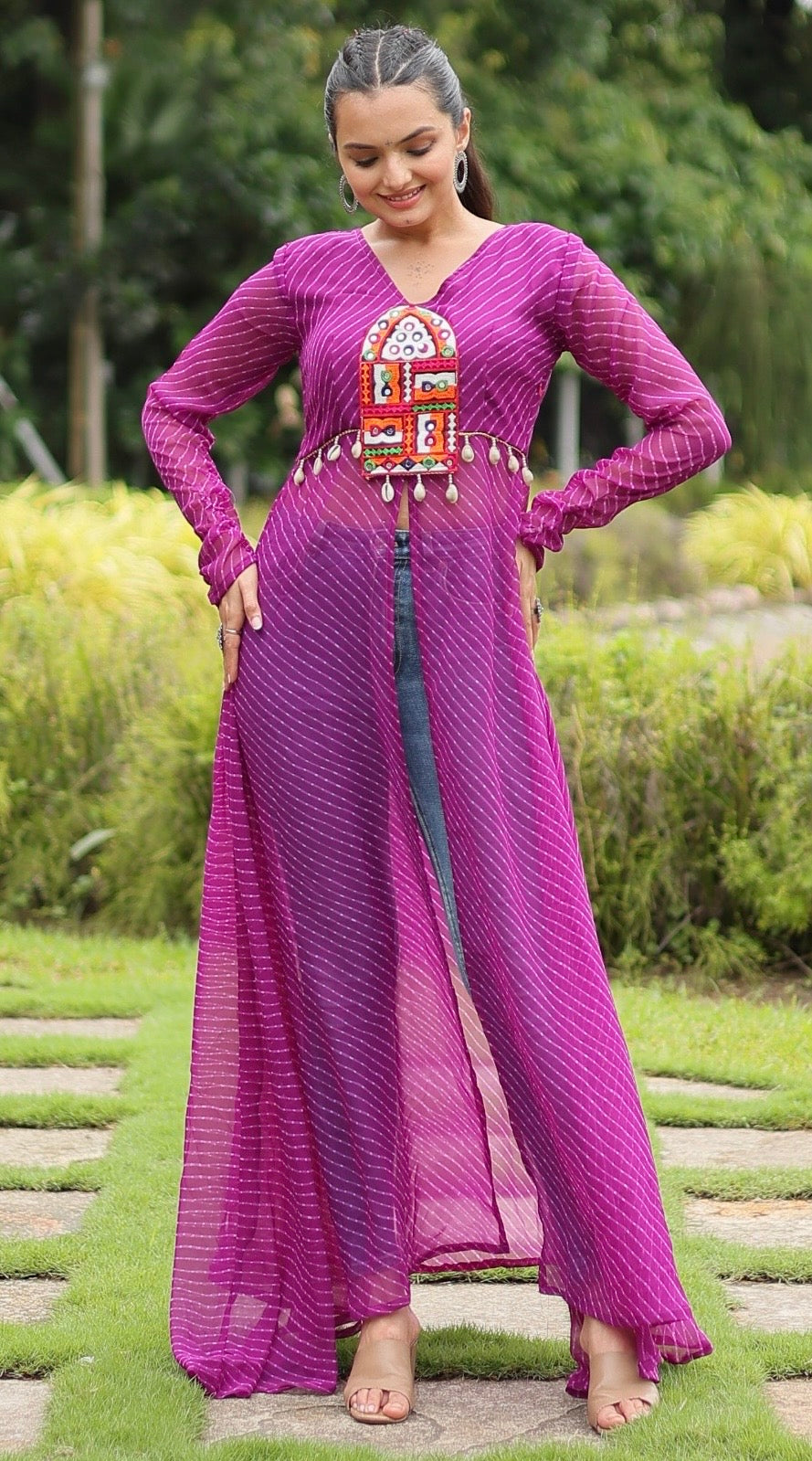 Faux Georgette Leheriya Front Open Long Kurti with Kutchi Patchwork for Women