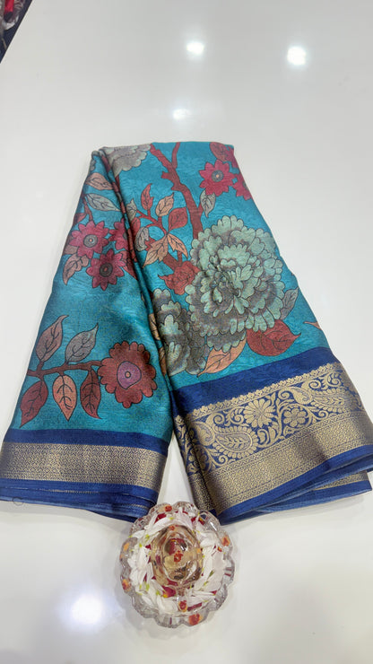 Silk blend printed saree with zari border and digital pallu print, 6.3m with running blouse, 6 color options