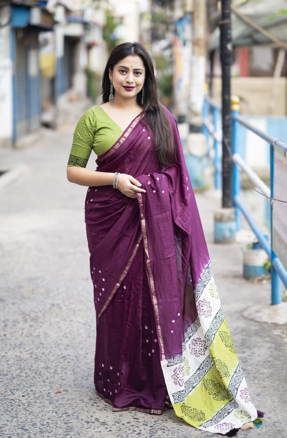 Chanderi Cotton Saree with Hand-Tied Bandhani and Block Printed Pallu – Festive Wear for Women