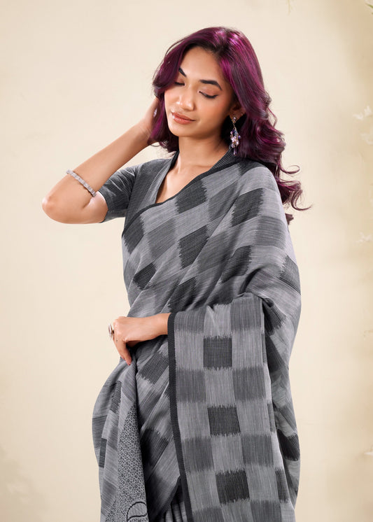 linen silk saree with checked pattern and floral border – lightweight ethnic wear for women