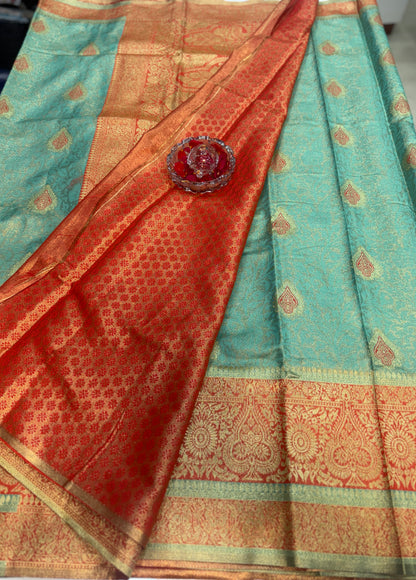 Pure Soft Silk Saree with Rich Zari Weaving and Multicolor Thread Work, Running Silk Blouse