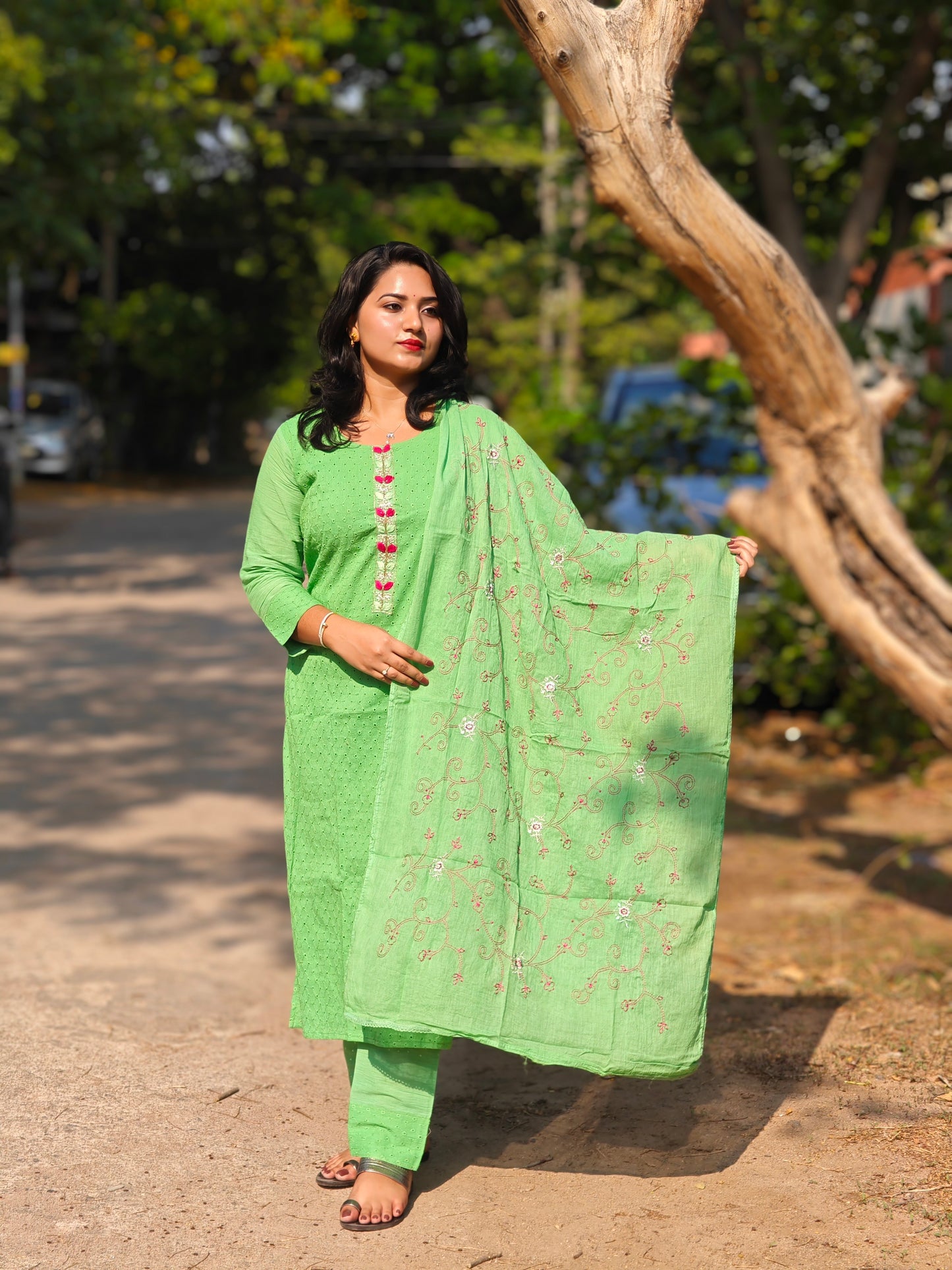 Cotton Schiffli Chikankari Kurta Set with Pants and Printed Silk Dupatta – Women’s Ethnic Wear