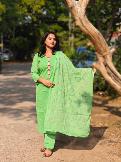 Cotton Schiffli Chikankari Kurta Set with Pants and Printed Silk Dupatta – Women’s Ethnic Wear