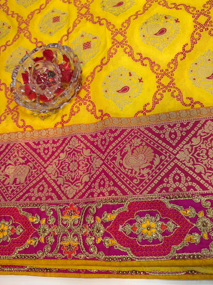 Designer Yellow Silk Saree with Heavy Embroidery Work and Unstitched Blouse for Festive and Wedding Wear