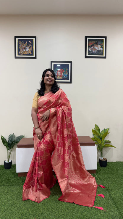 Heavy Red Organza Woven Saree with Golden Zari Border and Tassel Pallu