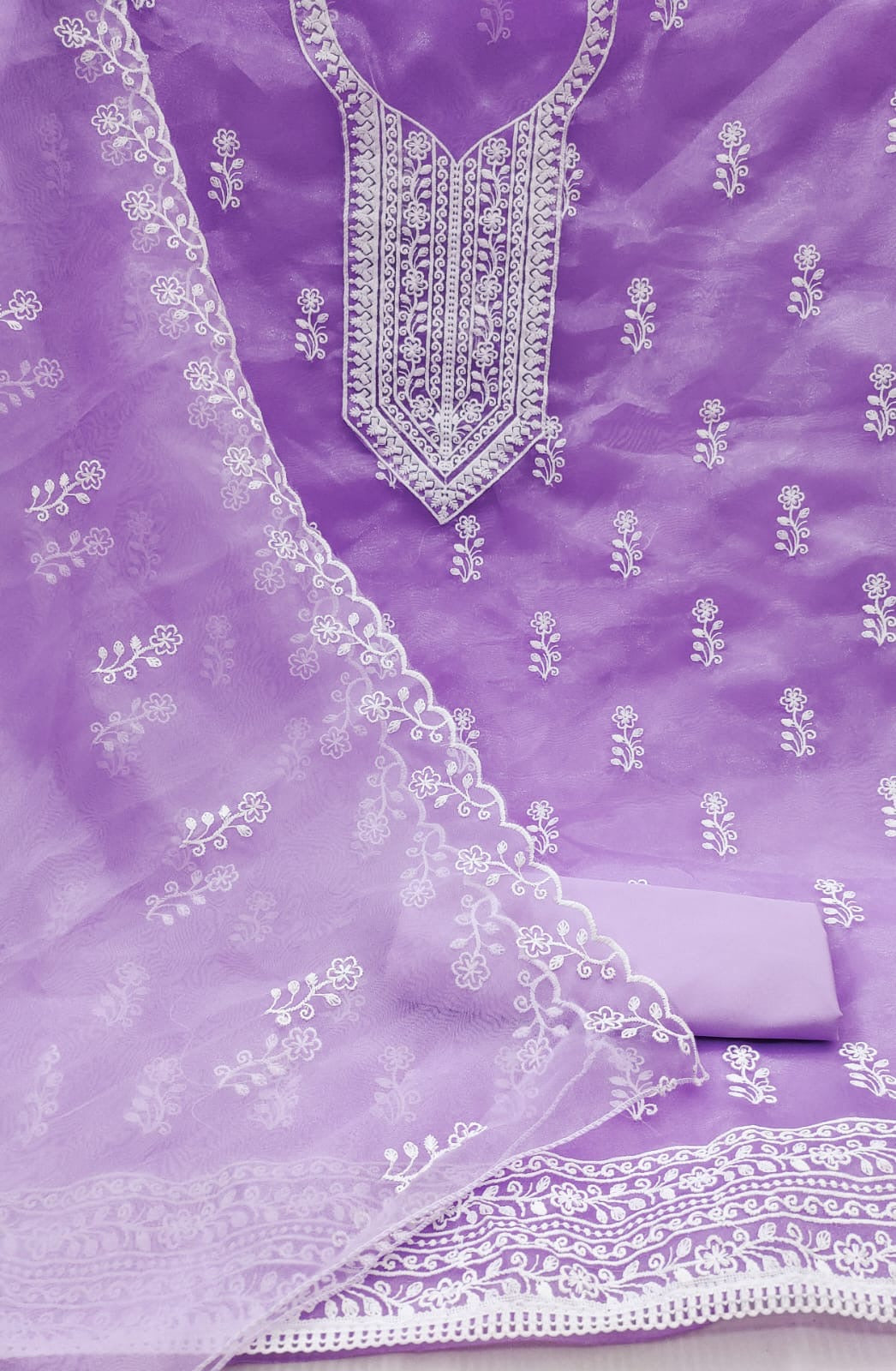 Unstitched Organza Silk Dress Material with Multi-Work Detailing, Micro Fabric Bottom and Organza Dupatta