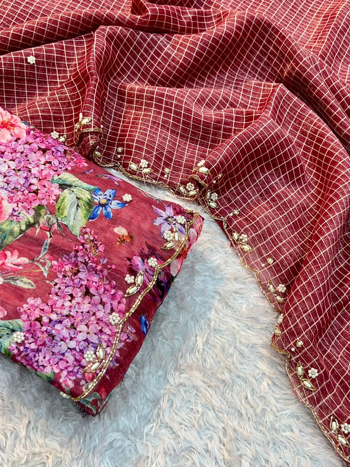 Handwork Nora Chex Saree with Pearl, Cutdana & Sequin Embroidery and Bangalori Silk Blouse