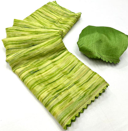 Stunning Gold Georgette Saree with Weaving Zari Sibori Print and Siroski Cutwork Border