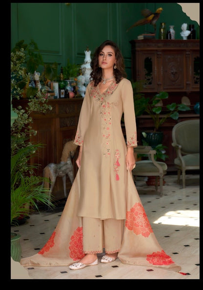 Women’s Roman Silk Angrakhha Kurti Set with Embroidery and Organza Dupatta – XL to XXL