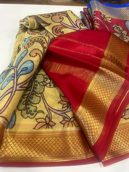 Pure Crepe Mysore Silk Saree for Women – 75 Gram, Digital Print, Contrast Blouse, Silk Mark Certified