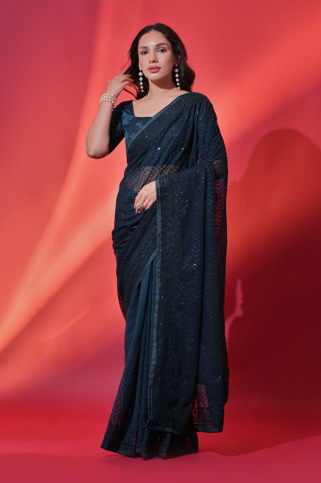 Graceful Soft Georgette Saree with Sequins Embroidery and Piping Lace Border