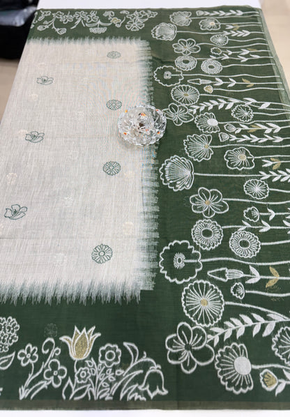 Munga cotton handloom weaving saree with woven floral border and tassel pallu for women