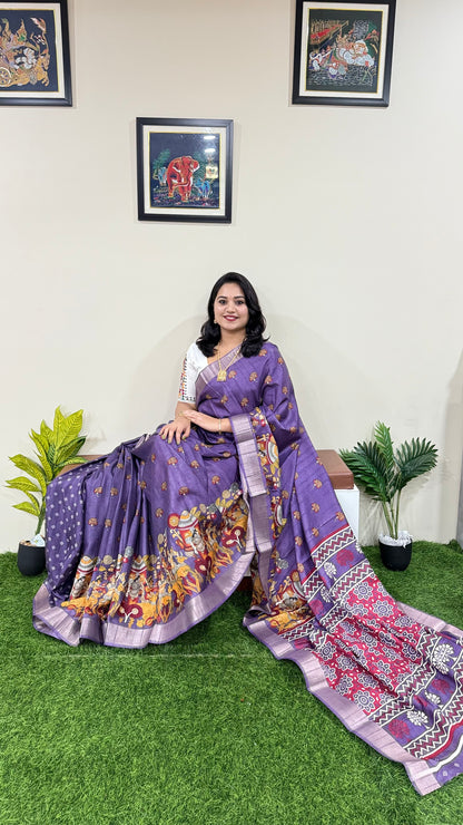 Handloom Semi Tussar Saree with Kalamkari Design and Silver Border for Festive Wear