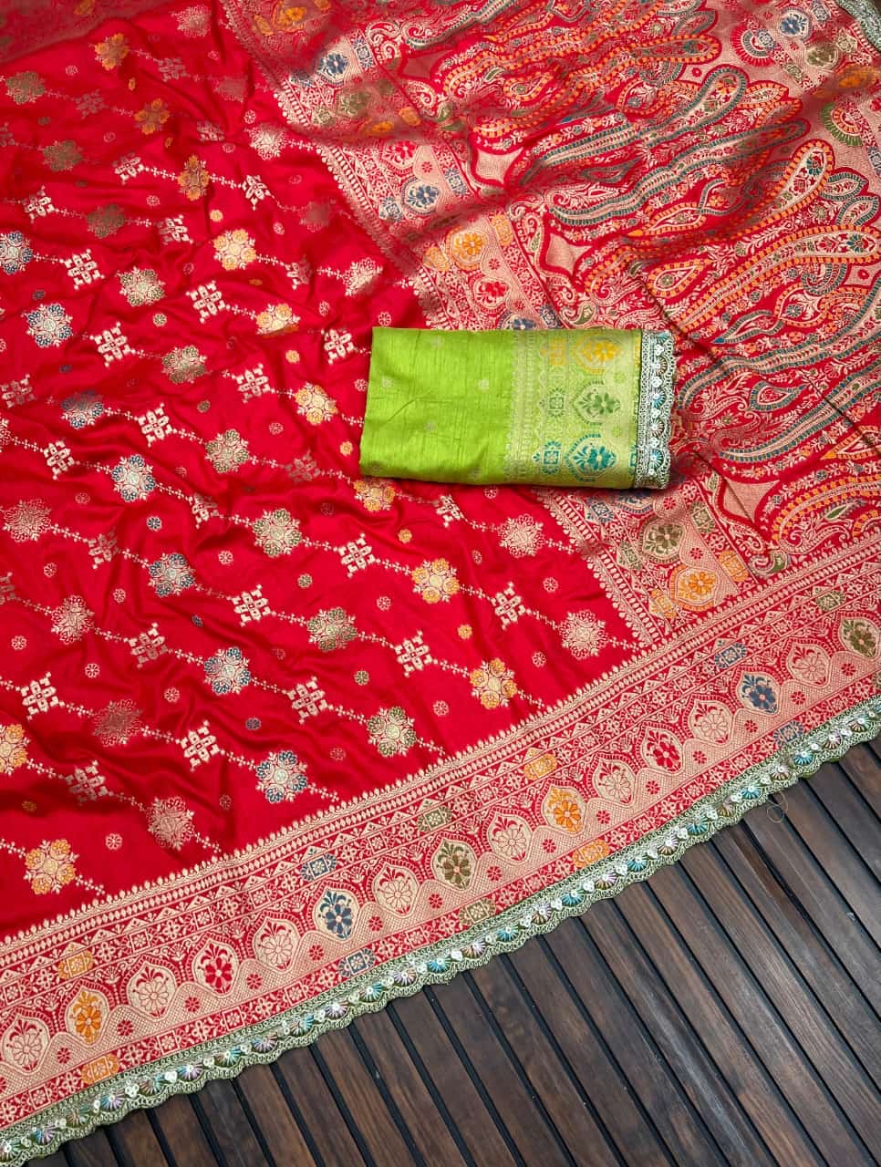 Masharu Silk Saree with Lakhnavi Meena Jacquard Weaving and Contrast Embroidered Blouse