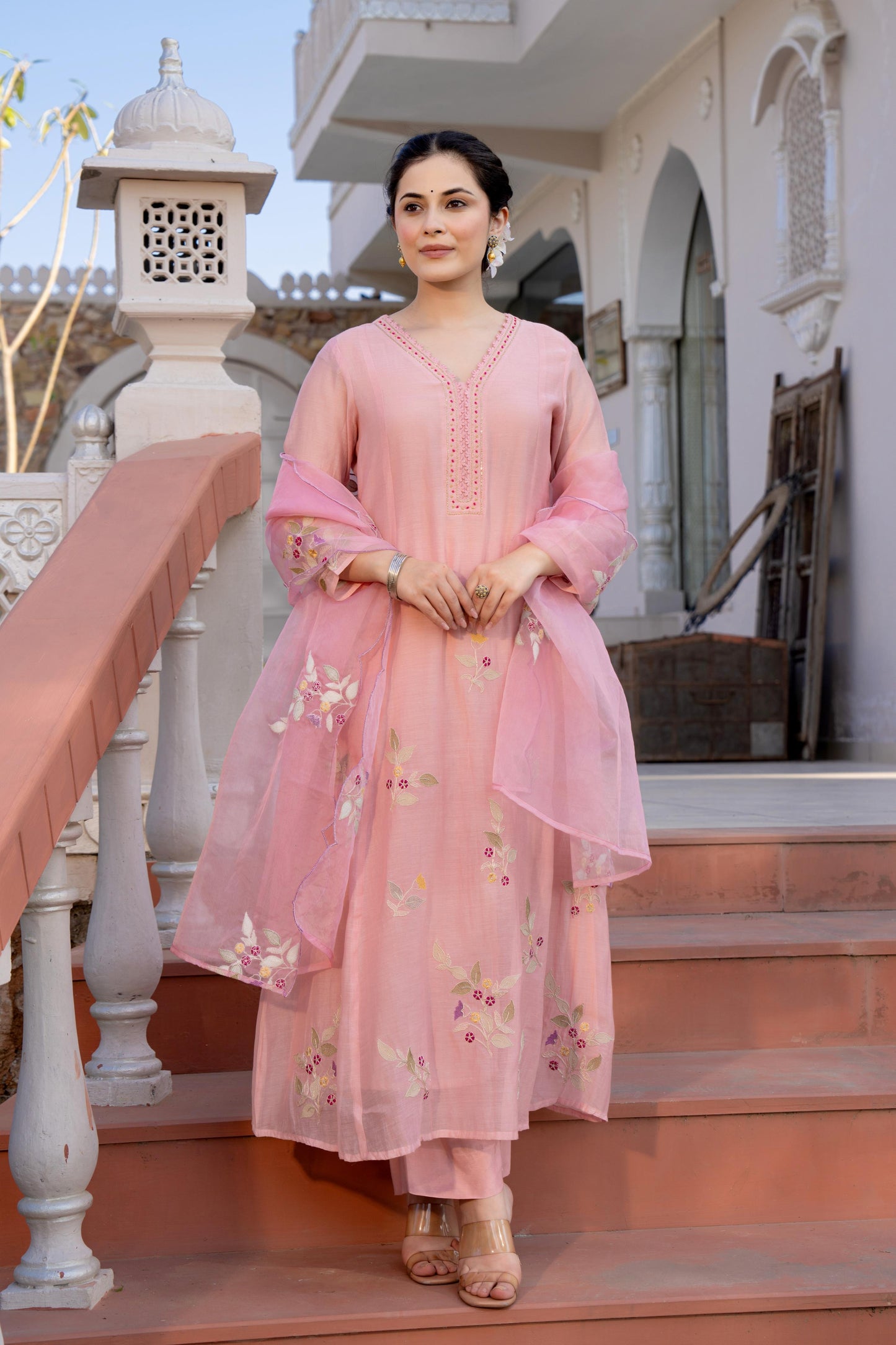 Mal Chanderi Anarkali Kurti Pant Set with Embroidery and Organza Scalloped Dupatta for Women