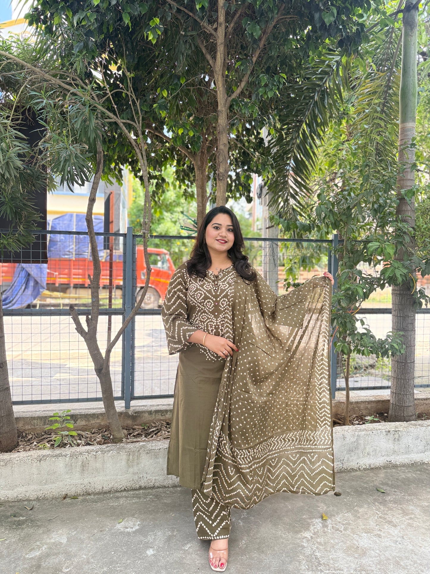 Cotton Printed Kurta Pant Dupatta Set with Mirror & Thread Work, Cowrie Detailing – Sizes 38–46