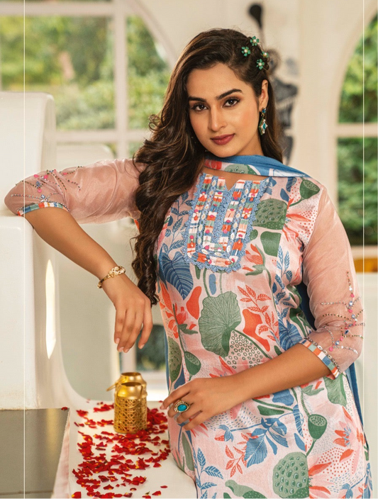 Viscose Satin Silk Kurti Pant Dupatta Set with Digital Print and Hand Embellishments for Women – XL to 3XL