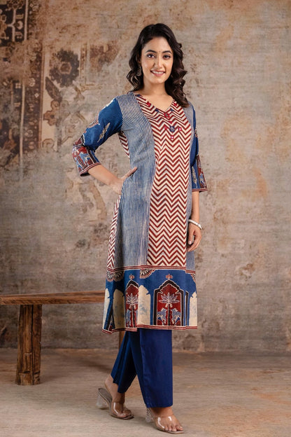 Jaipuri Cotton Kurti Pant Set for Women with Chevron Print and Mughal Border – Sizes 38 to 46