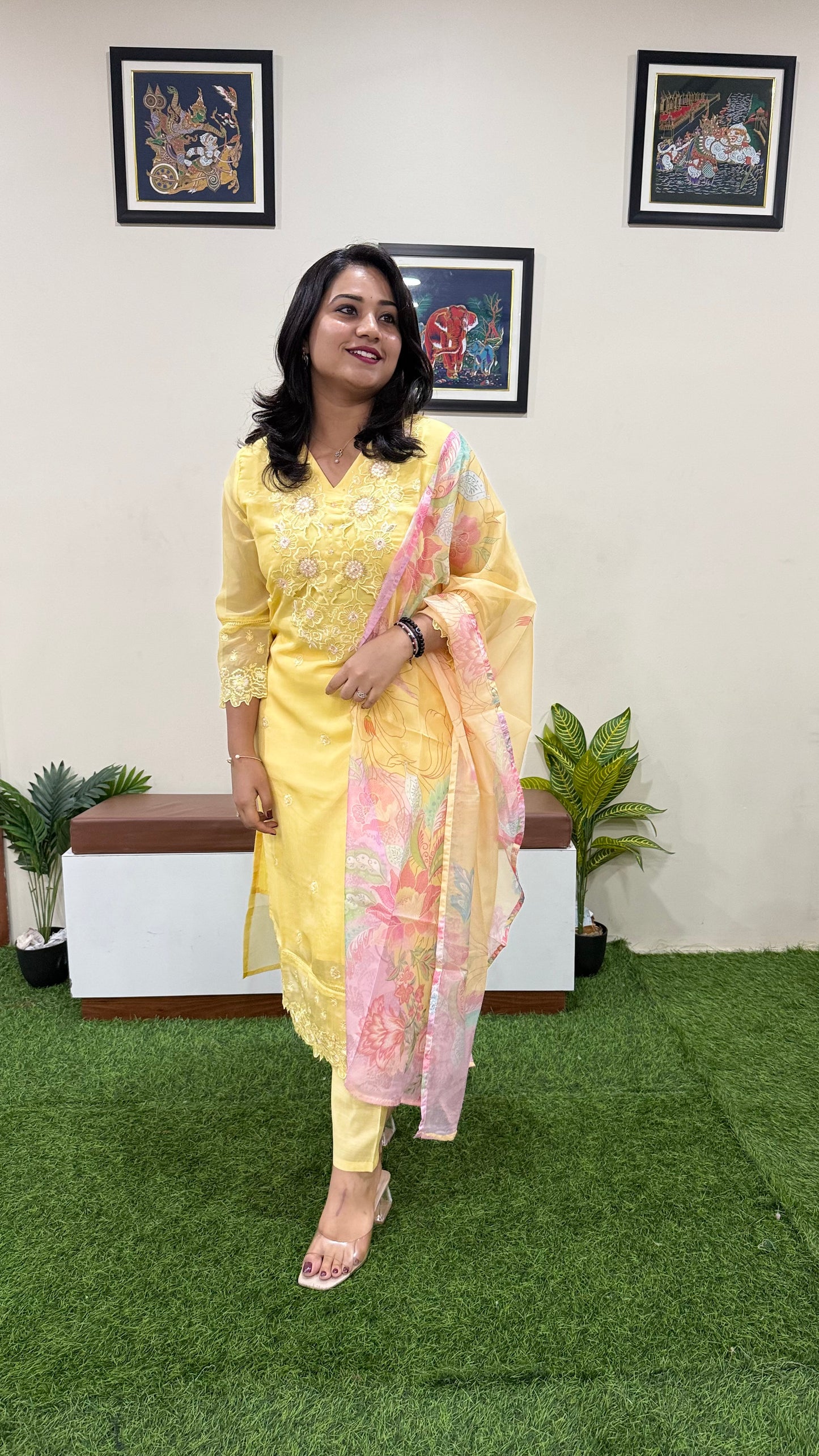 Women’s Organza Embroidered Suit Set with Viscose Silk Pant and Digital Print Dupatta – L to 3XL